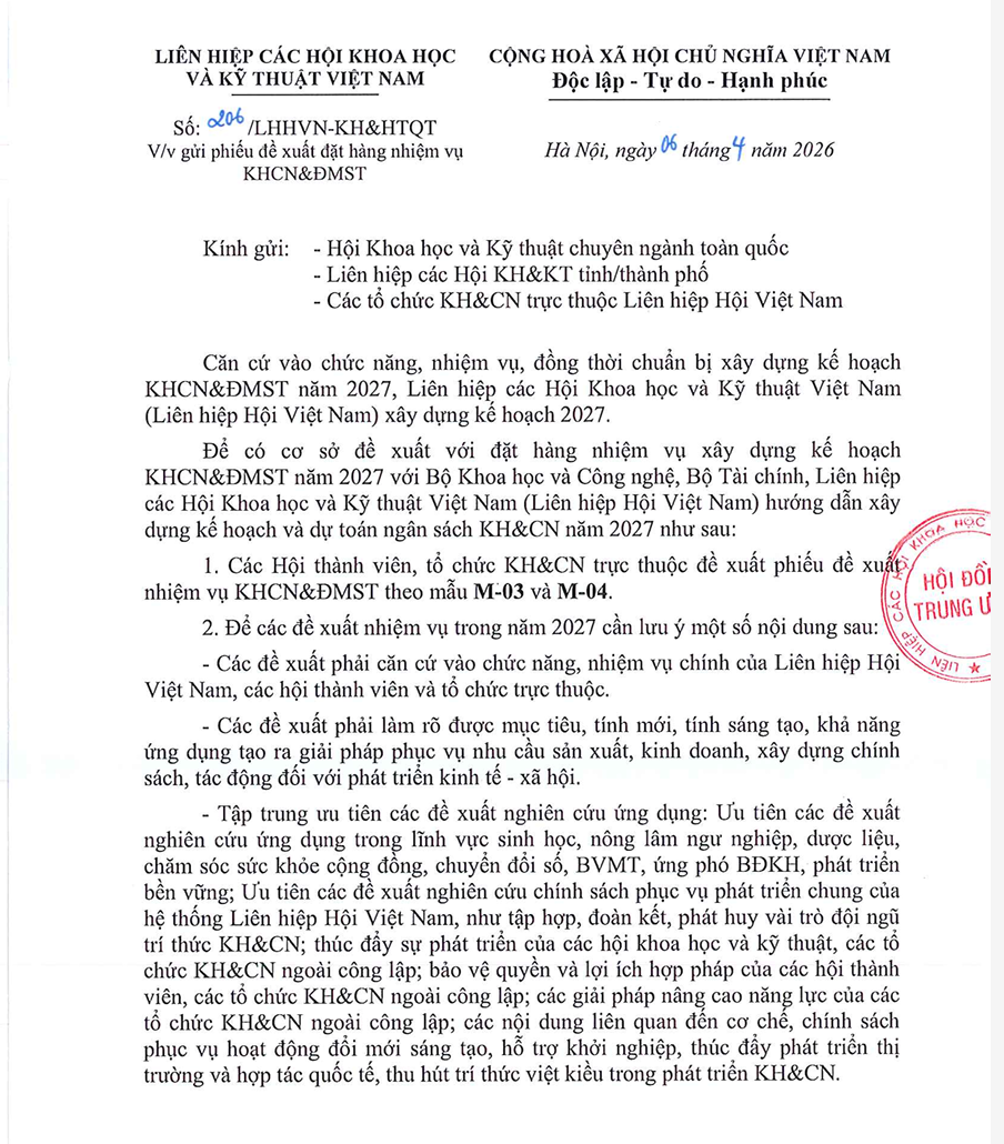VACNE thông báo đề xuất nhiệm vụ khoa học, công nghệ và đổi mới sáng tạo năm 2027